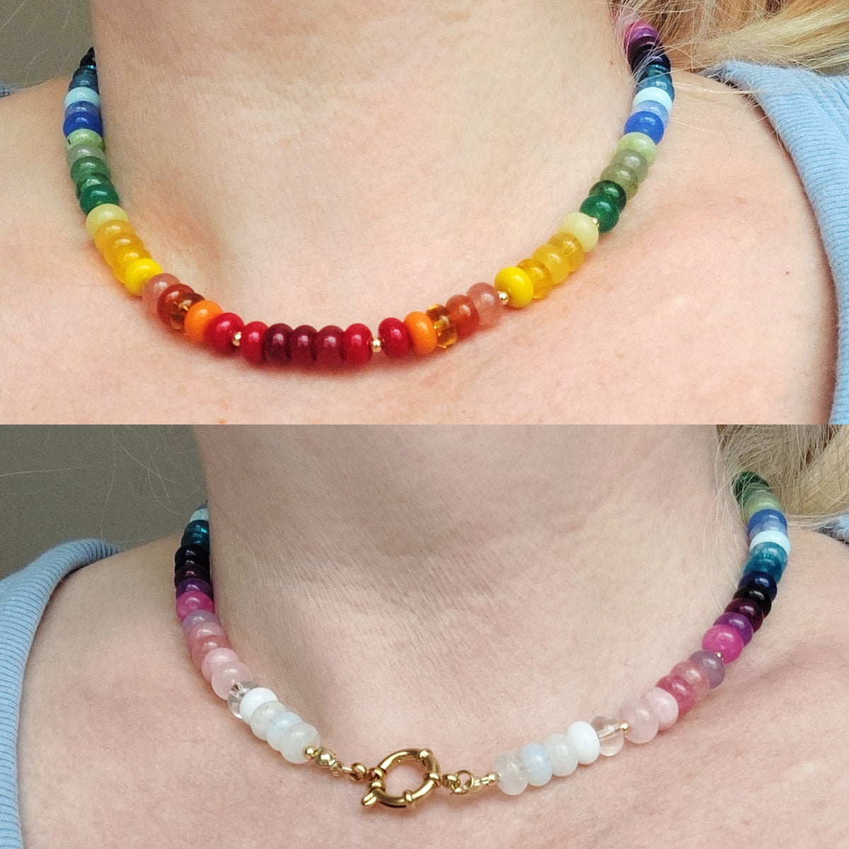 Two views of a beaded chakra necklace worn on a person's neck. The top view shows the necklace laid across the collarbone with a rainbow gradient of translucent beads from blue to red.